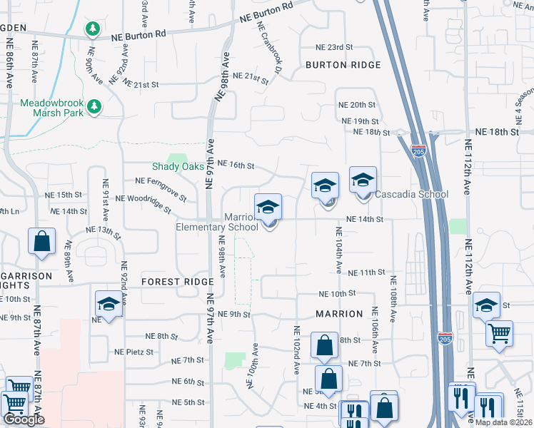 map of restaurants, bars, coffee shops, grocery stores, and more near 10119 Northeast 14th Street in Vancouver