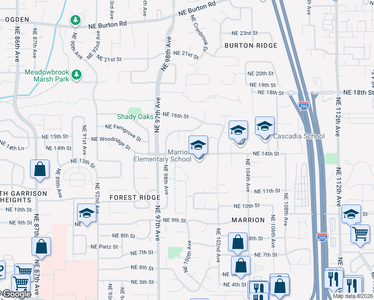 map of restaurants, bars, coffee shops, grocery stores, and more near 10119 Northeast 14th Street in Vancouver