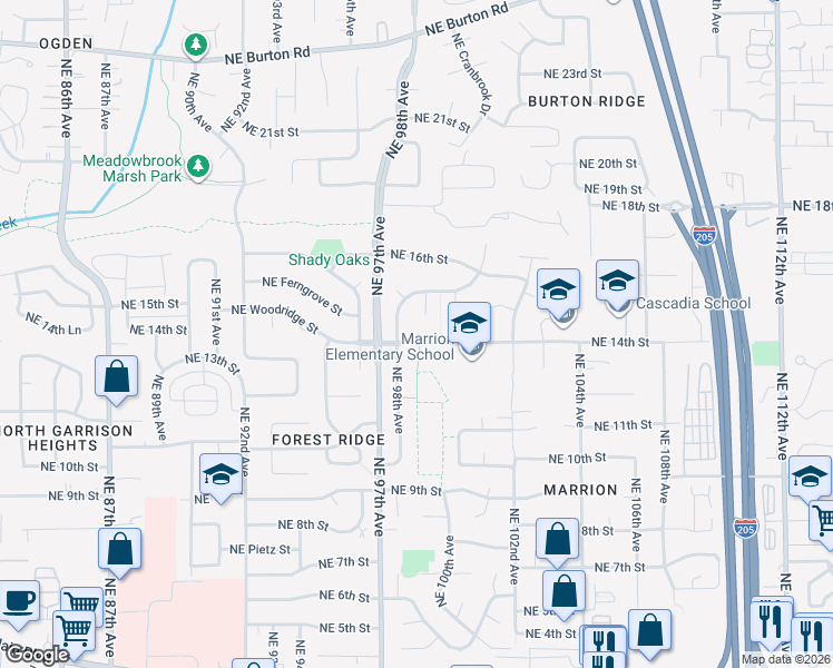 map of restaurants, bars, coffee shops, grocery stores, and more near 1305 Northeast 98th Avenue in Vancouver