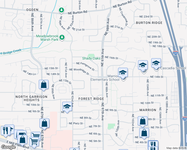 map of restaurants, bars, coffee shops, grocery stores, and more near 1308 Northeast 95th Avenue in Vancouver