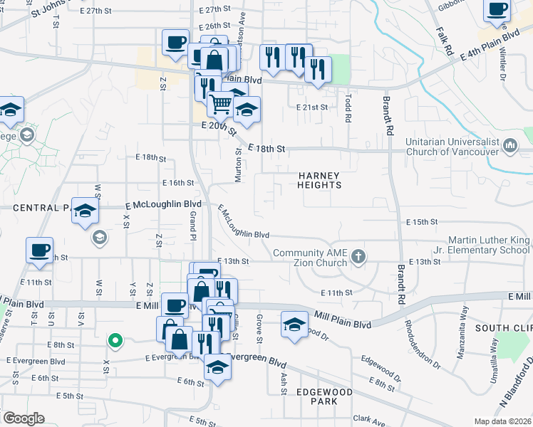 map of restaurants, bars, coffee shops, grocery stores, and more near 3204 East McLoughlin Boulevard in Vancouver