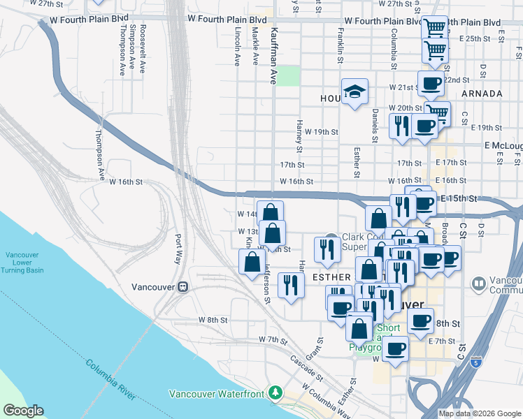 map of restaurants, bars, coffee shops, grocery stores, and more near 1305 Markle Avenue in Vancouver
