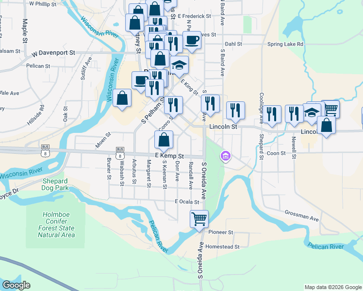 map of restaurants, bars, coffee shops, grocery stores, and more near 303 East Kemp Street in Rhinelander