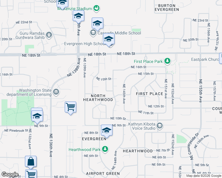 map of restaurants, bars, coffee shops, grocery stores, and more near 14218 Northeast 14th Street in Vancouver