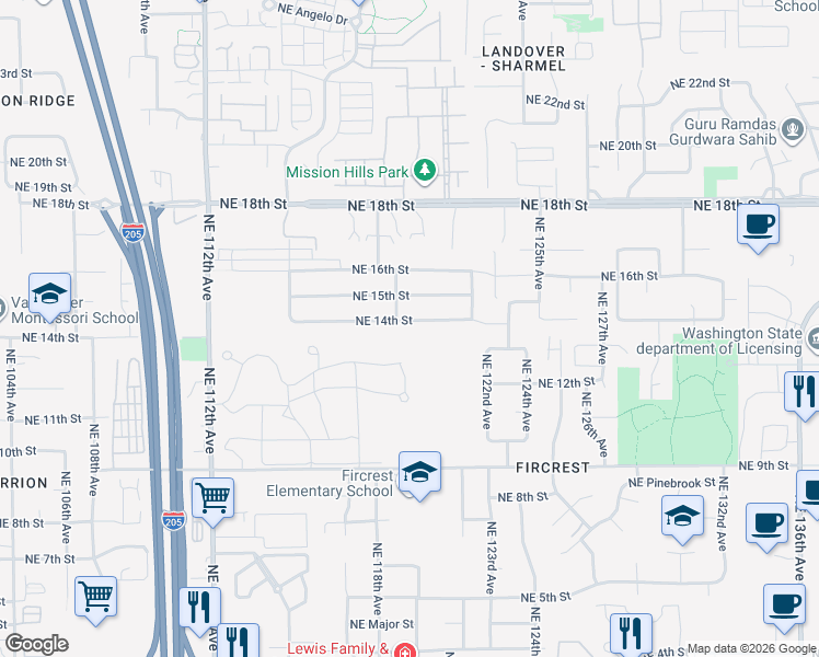 map of restaurants, bars, coffee shops, grocery stores, and more near 11913 Northeast 14th Street in Vancouver