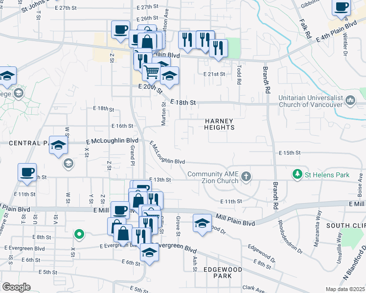 map of restaurants, bars, coffee shops, grocery stores, and more near 3204 East McLoughlin Boulevard in Vancouver
