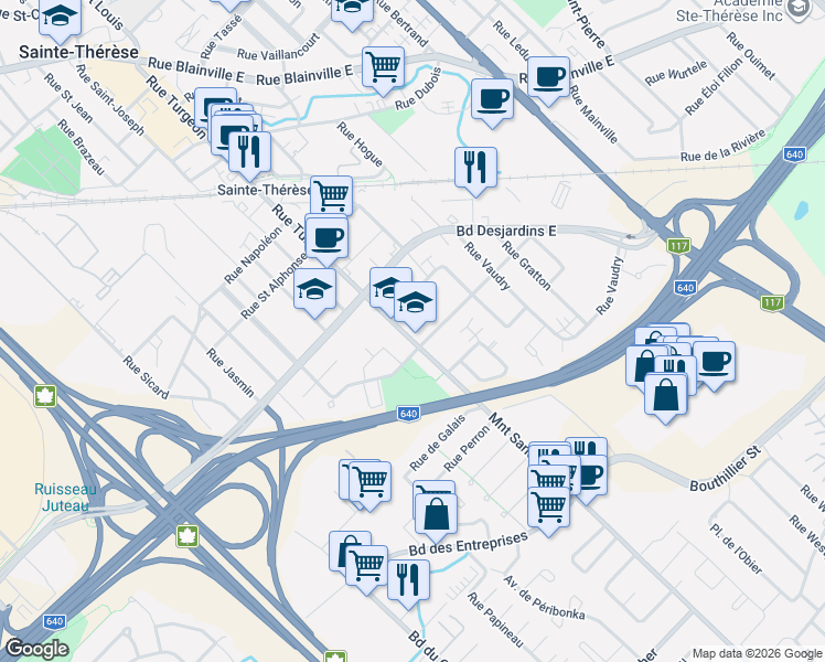 map of restaurants, bars, coffee shops, grocery stores, and more near 207 Rue Turgeon in Sainte-Thérèse