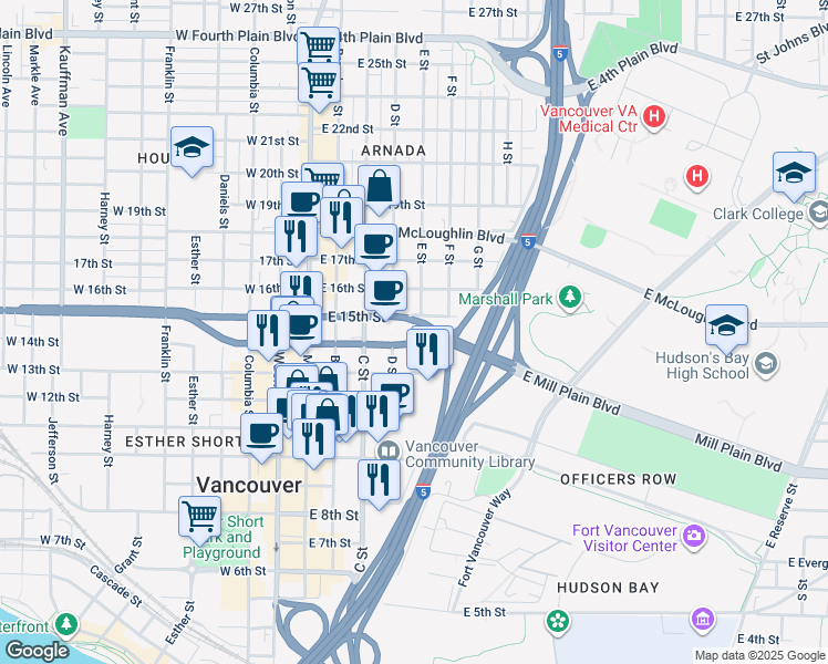 map of restaurants, bars, coffee shops, grocery stores, and more near 501 E Street in Vancouver