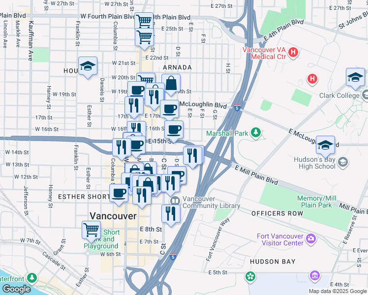 map of restaurants, bars, coffee shops, grocery stores, and more near 400 East Mill Plain Boulevard in Vancouver