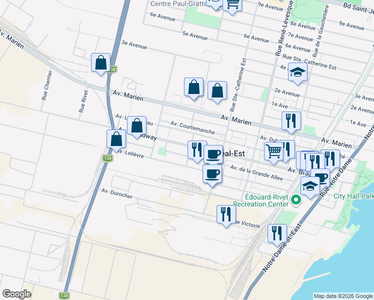map of restaurants, bars, coffee shops, grocery stores, and more near 11249 Rue de Montigny in Montréal-Est