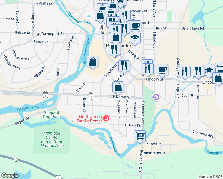 map of restaurants, bars, coffee shops, grocery stores, and more near 703 Margaret Street in Rhinelander