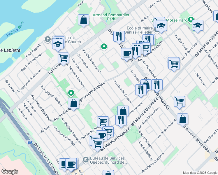 map of restaurants, bars, coffee shops, grocery stores, and more near 12192 Avenue Élie Beauregard in Montréal