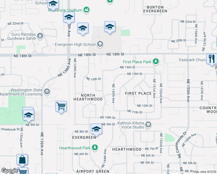 map of restaurants, bars, coffee shops, grocery stores, and more near 1408 Northeast 145th Avenue in Vancouver