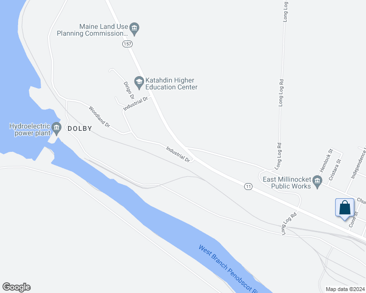 map of restaurants, bars, coffee shops, grocery stores, and more near 65 Industrial Drive in East Millinocket