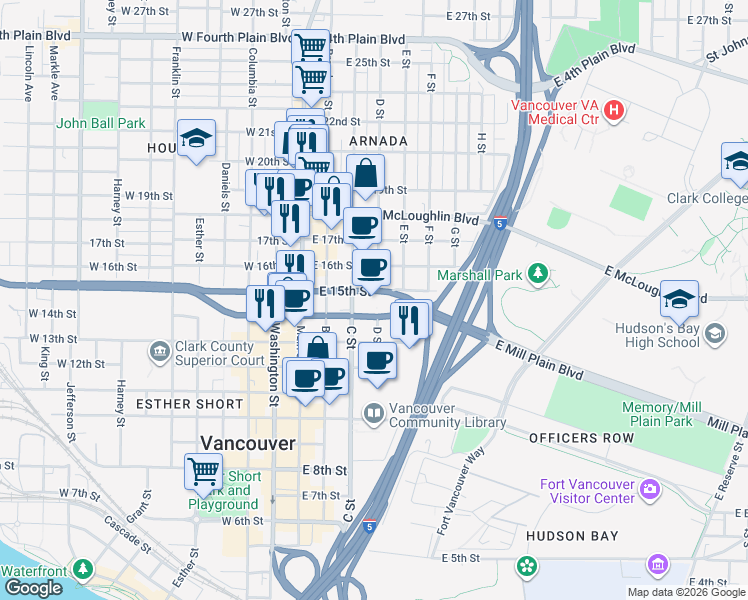 map of restaurants, bars, coffee shops, grocery stores, and more near 361 East 15th Street in Vancouver