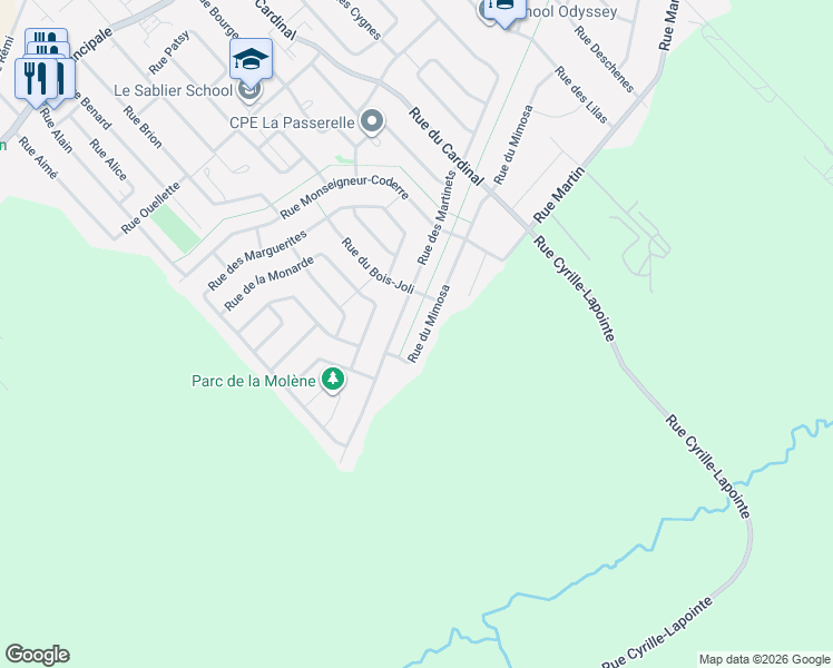 map of restaurants, bars, coffee shops, grocery stores, and more near 457 Rue du Mimosa in Saint-Amable