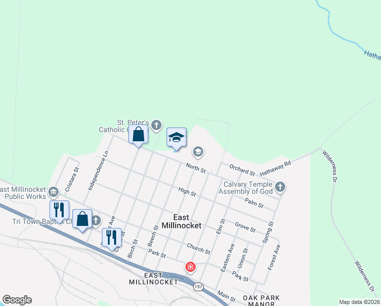 map of restaurants, bars, coffee shops, grocery stores, and more near 45 North Street in East Millinocket