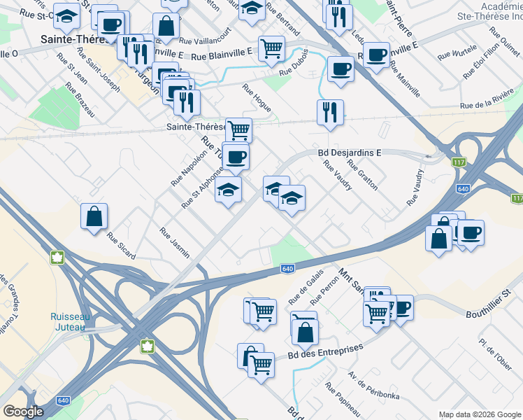map of restaurants, bars, coffee shops, grocery stores, and more near 184 Rue Turgeon in Sainte-Thérèse