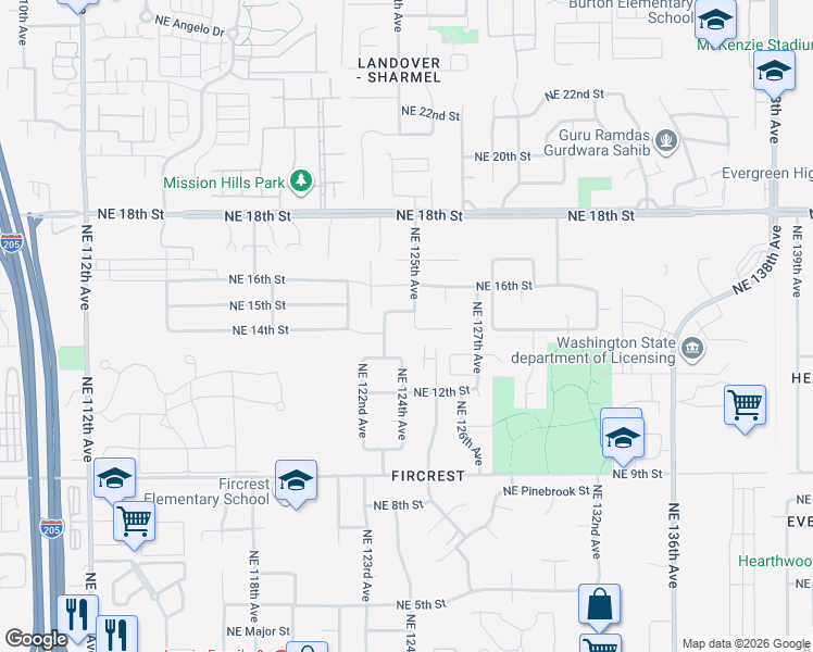 map of restaurants, bars, coffee shops, grocery stores, and more near 12310 Northeast 15th Street in Vancouver