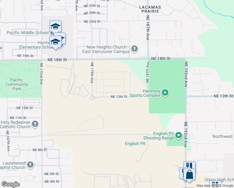 map of restaurants, bars, coffee shops, grocery stores, and more near 18301 Northeast 14th Street in Vancouver