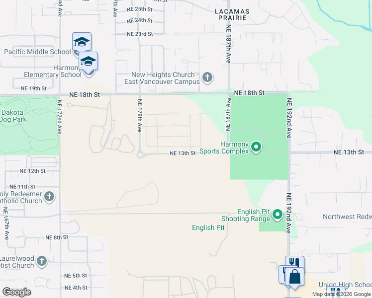 map of restaurants, bars, coffee shops, grocery stores, and more near 18309 Northeast 14th Street in Vancouver