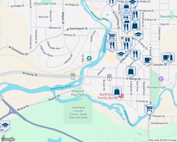 map of restaurants, bars, coffee shops, grocery stores, and more near 366 Marshall Street in Rhinelander