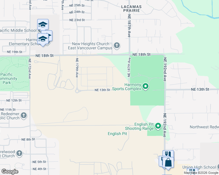 map of restaurants, bars, coffee shops, grocery stores, and more near 18405 Northeast 14th Street in Vancouver