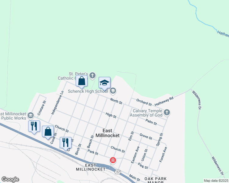 map of restaurants, bars, coffee shops, grocery stores, and more near 45 North Street in East Millinocket