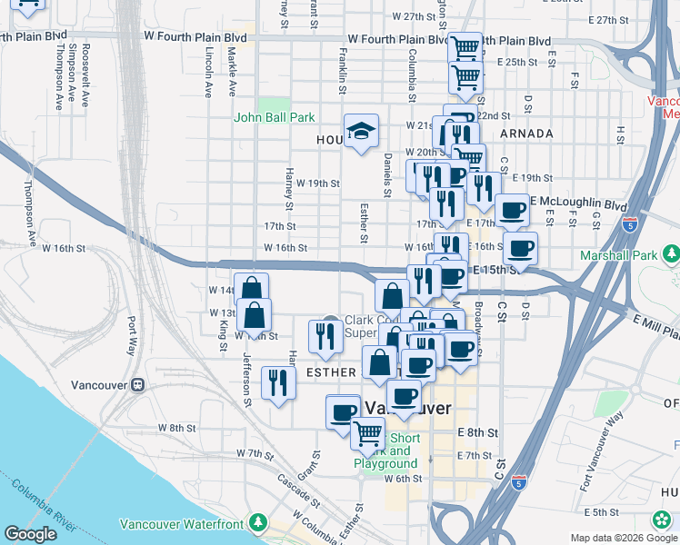 map of restaurants, bars, coffee shops, grocery stores, and more near 1481 Franklin Street in Vancouver