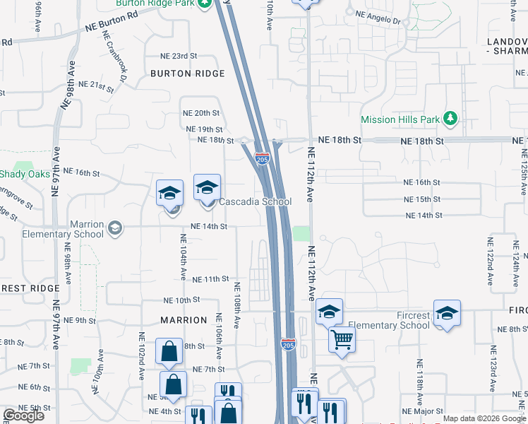 map of restaurants, bars, coffee shops, grocery stores, and more near 10901 Northeast 110th Avenue in Vancouver