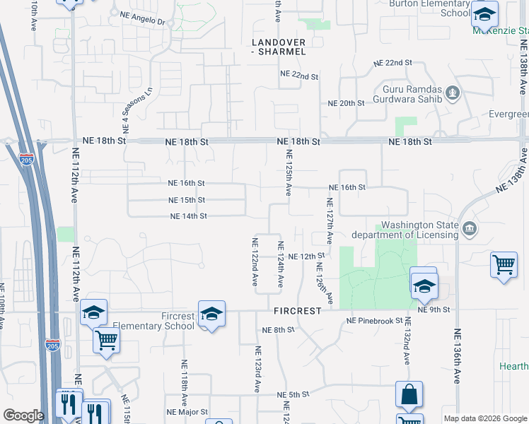 map of restaurants, bars, coffee shops, grocery stores, and more near 1404 Northeast 123rd Avenue in Vancouver