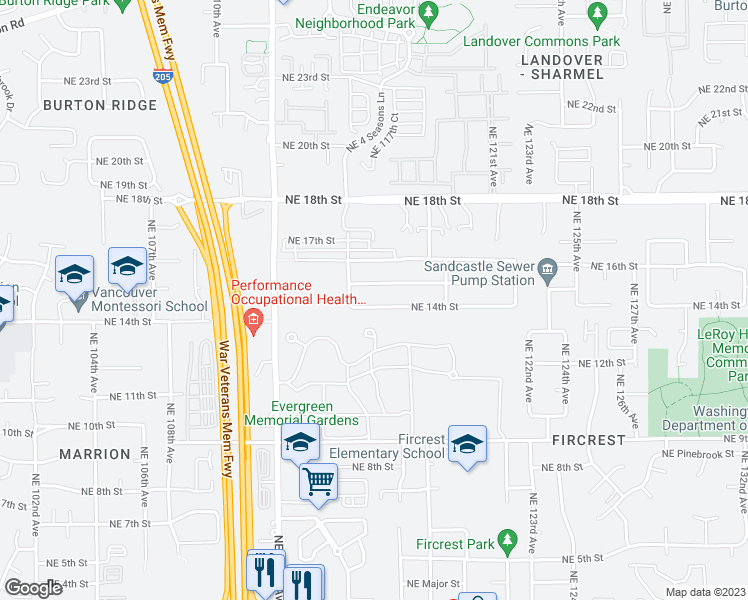map of restaurants, bars, coffee shops, grocery stores, and more near 11602 Northeast 14th Street in Vancouver