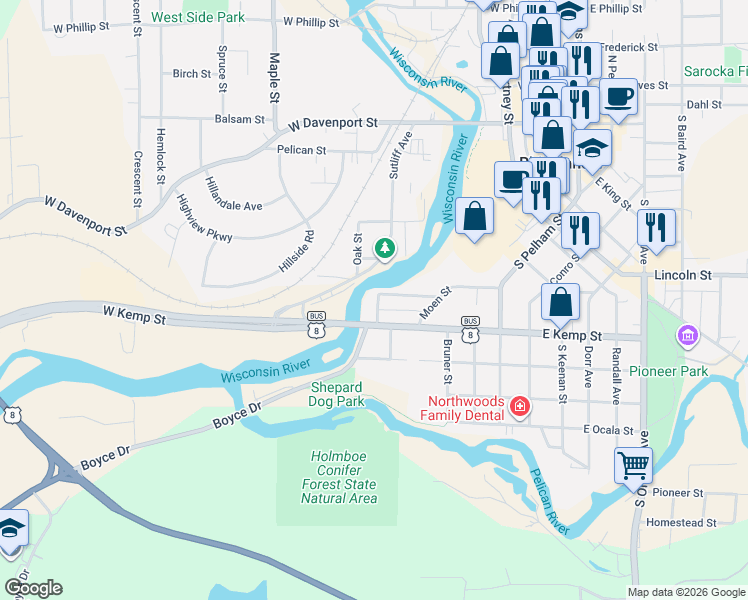 map of restaurants, bars, coffee shops, grocery stores, and more near 366 Marshall Street in Rhinelander