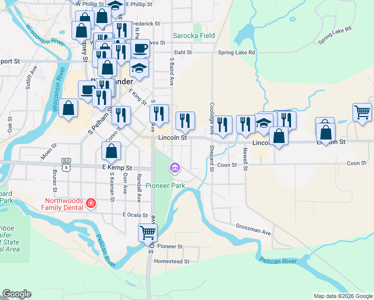 map of restaurants, bars, coffee shops, grocery stores, and more near 526 South Eastern Avenue in Rhinelander