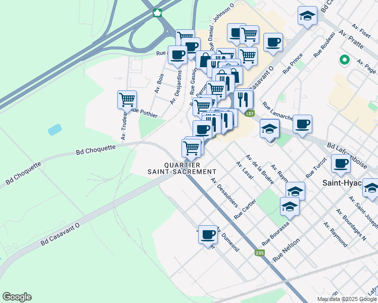 map of restaurants, bars, coffee shops, grocery stores, and more near 2480 Boulevard Casavant Ouest in Saint-Hyacinthe