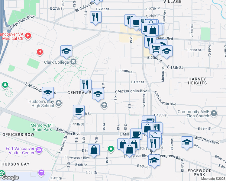 map of restaurants, bars, coffee shops, grocery stores, and more near 2324 East McLoughlin Boulevard in Vancouver
