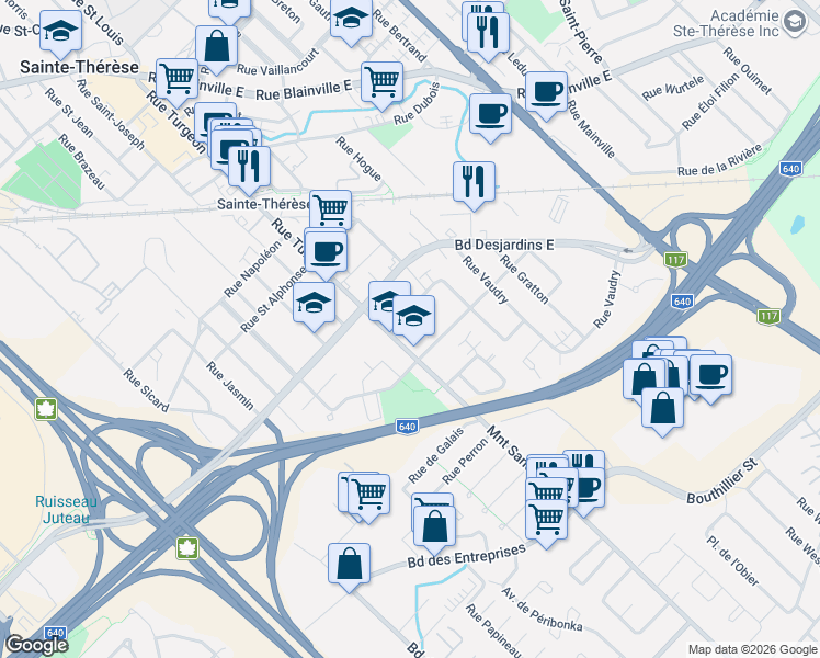 map of restaurants, bars, coffee shops, grocery stores, and more near 20 Rue Joseph Hamelin in Sainte-Thã©Rã¨Se