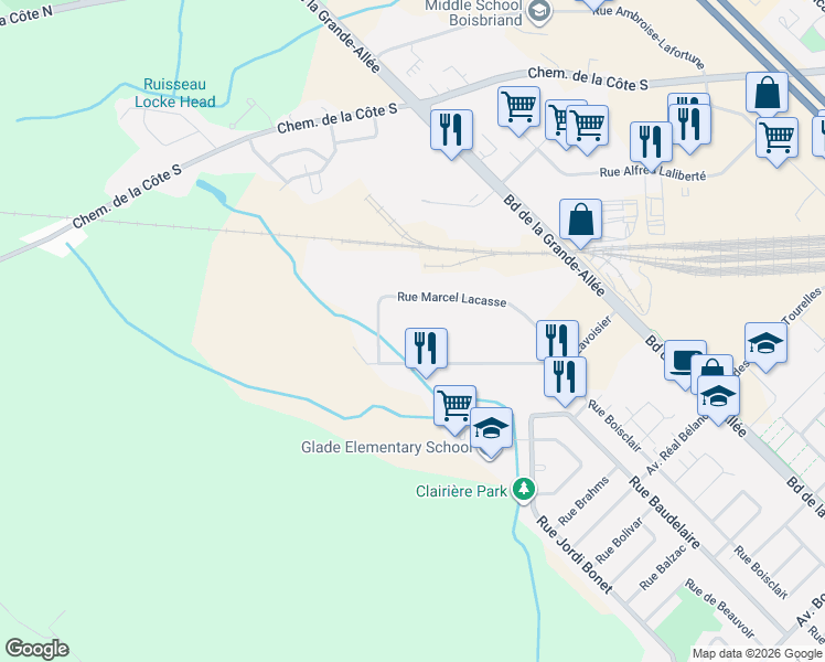 map of restaurants, bars, coffee shops, grocery stores, and more near 4243 Rue Marcel Lacasse in Boisbriand