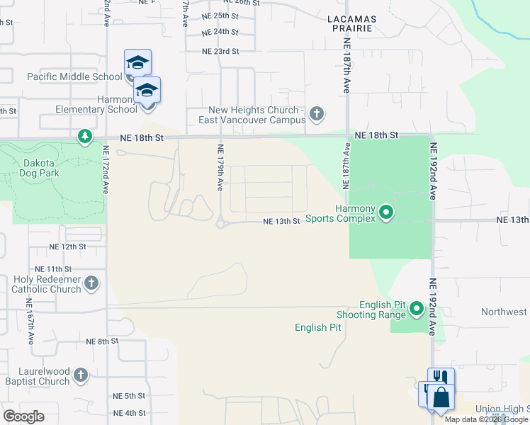 map of restaurants, bars, coffee shops, grocery stores, and more near 18203 Northeast 18th Street in Vancouver