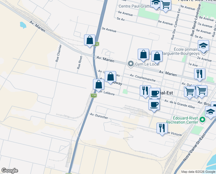 map of restaurants, bars, coffee shops, grocery stores, and more near Avenue de la Grande Allée in Montréal-Est