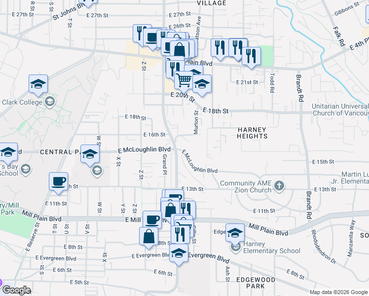 map of restaurants, bars, coffee shops, grocery stores, and more near 2902 East McLoughlin Boulevard in Vancouver