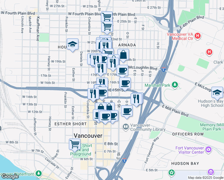 map of restaurants, bars, coffee shops, grocery stores, and more near 206 East 15th Street in Vancouver