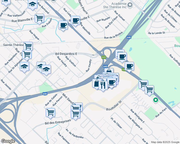 map of restaurants, bars, coffee shops, grocery stores, and more near 171 Rue Vaudry in Sainte-Thérèse