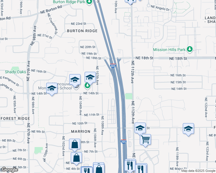 map of restaurants, bars, coffee shops, grocery stores, and more near 10716 Northeast 15th Street in Vancouver