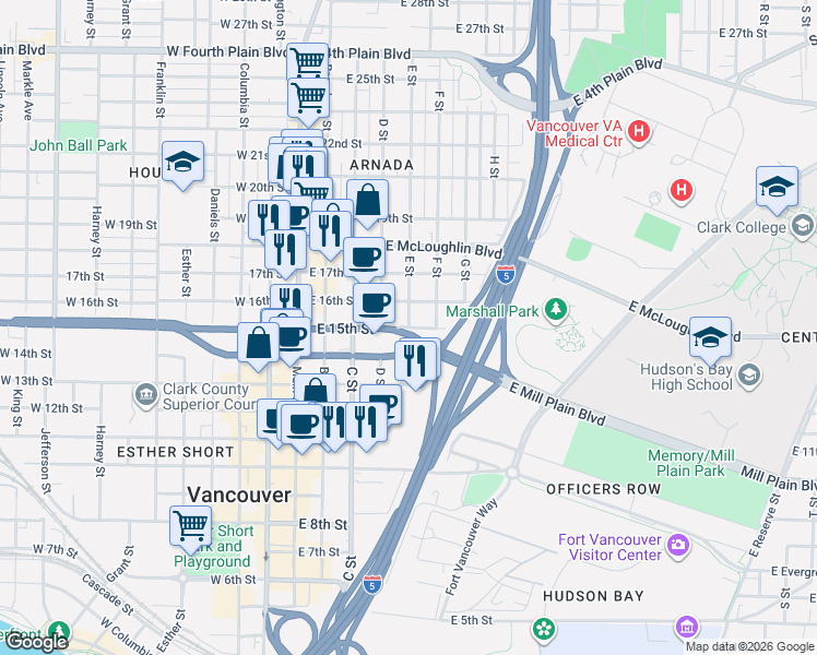 map of restaurants, bars, coffee shops, grocery stores, and more near 1200 E Street in Vancouver