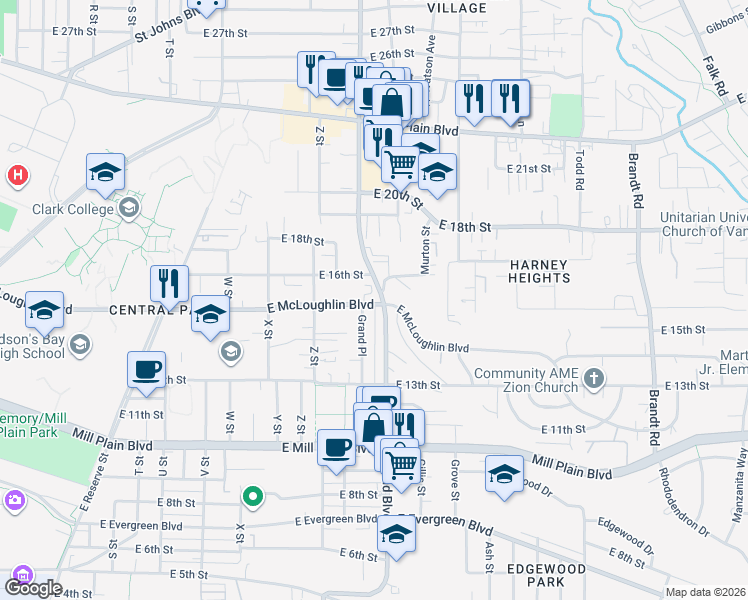 map of restaurants, bars, coffee shops, grocery stores, and more near 2754 East McLoughlin Boulevard in Vancouver