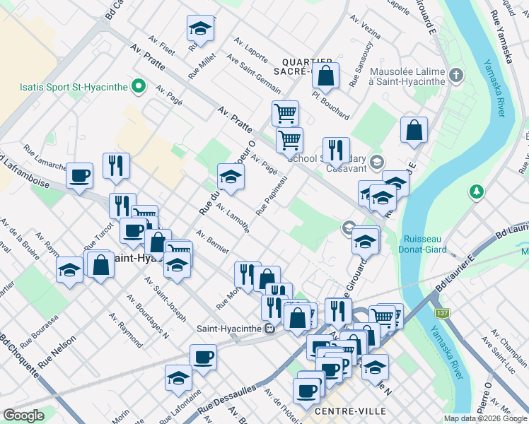 map of restaurants, bars, coffee shops, grocery stores, and more near 775 Rue Papineau in Saint-Hyacinthe