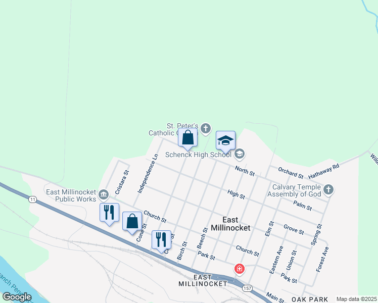 map of restaurants, bars, coffee shops, grocery stores, and more near 49 North Street in East Millinocket