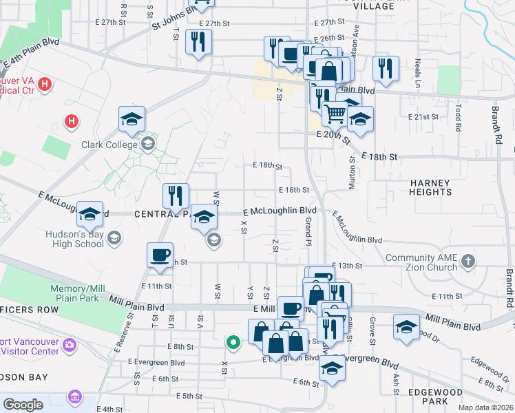 map of restaurants, bars, coffee shops, grocery stores, and more near 2414 East McLoughlin Boulevard in Vancouver