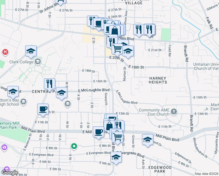 map of restaurants, bars, coffee shops, grocery stores, and more near 2754 East McLoughlin Boulevard in Vancouver